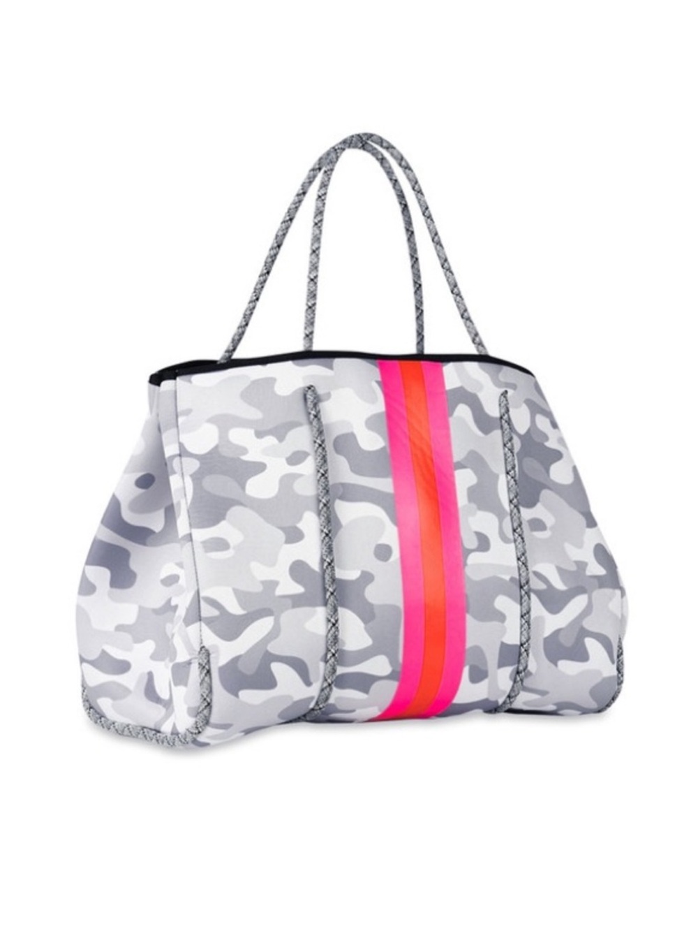 HAUTE SHORE Gray Camo Tote with Pink and Coral Stripes